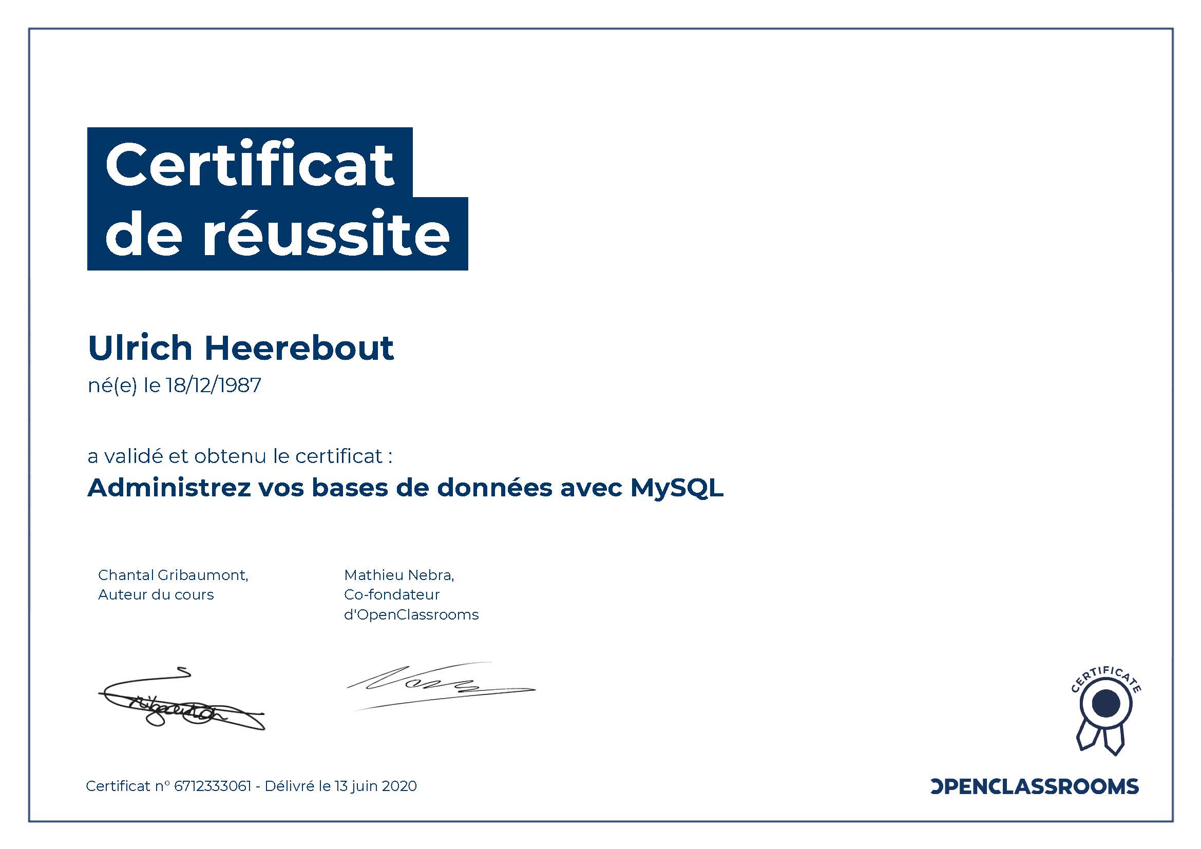 Certificats de reussite MYSQL