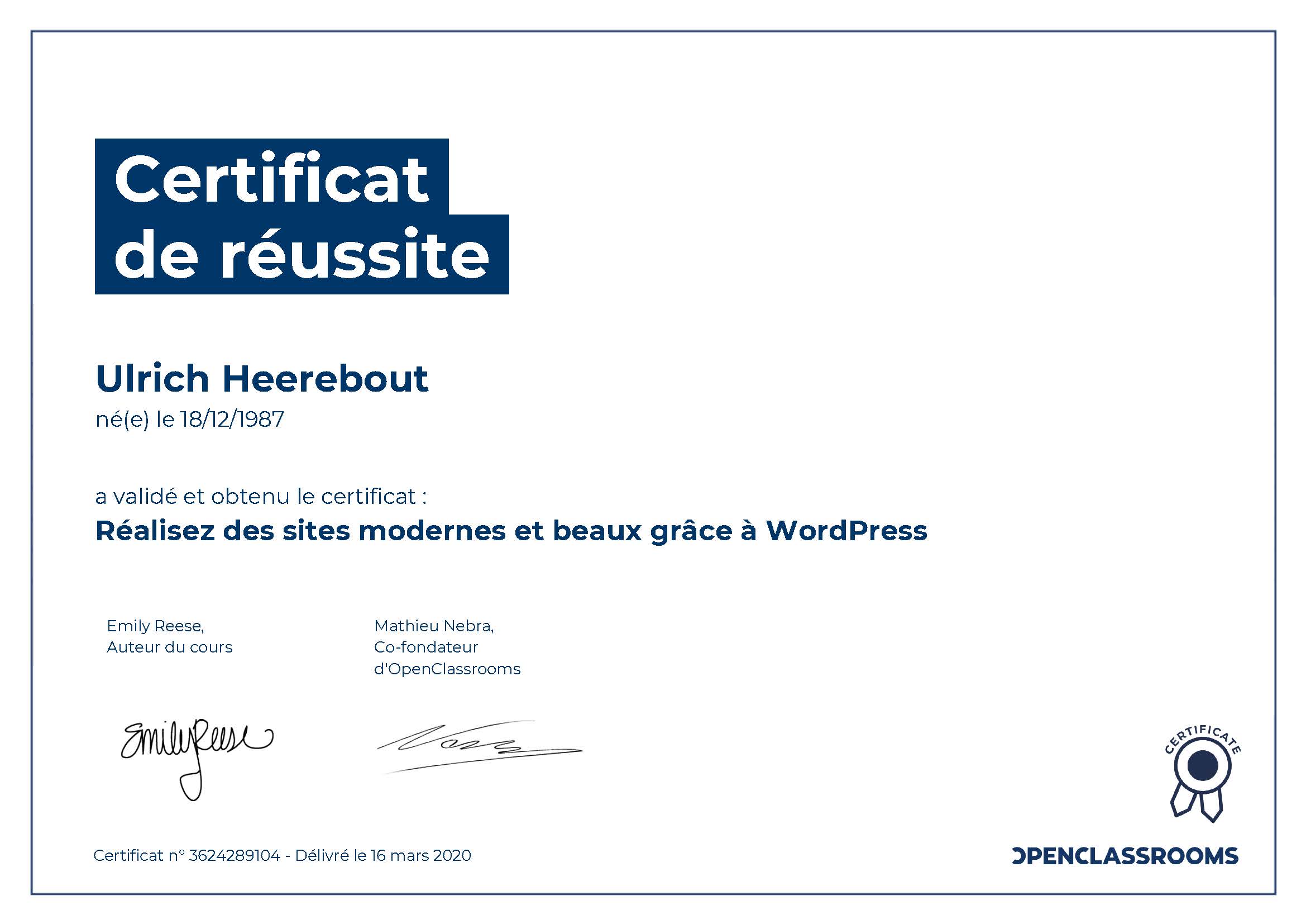 Certificats de reussite Réalisez des sites moderners et beaux grâce à WordPress