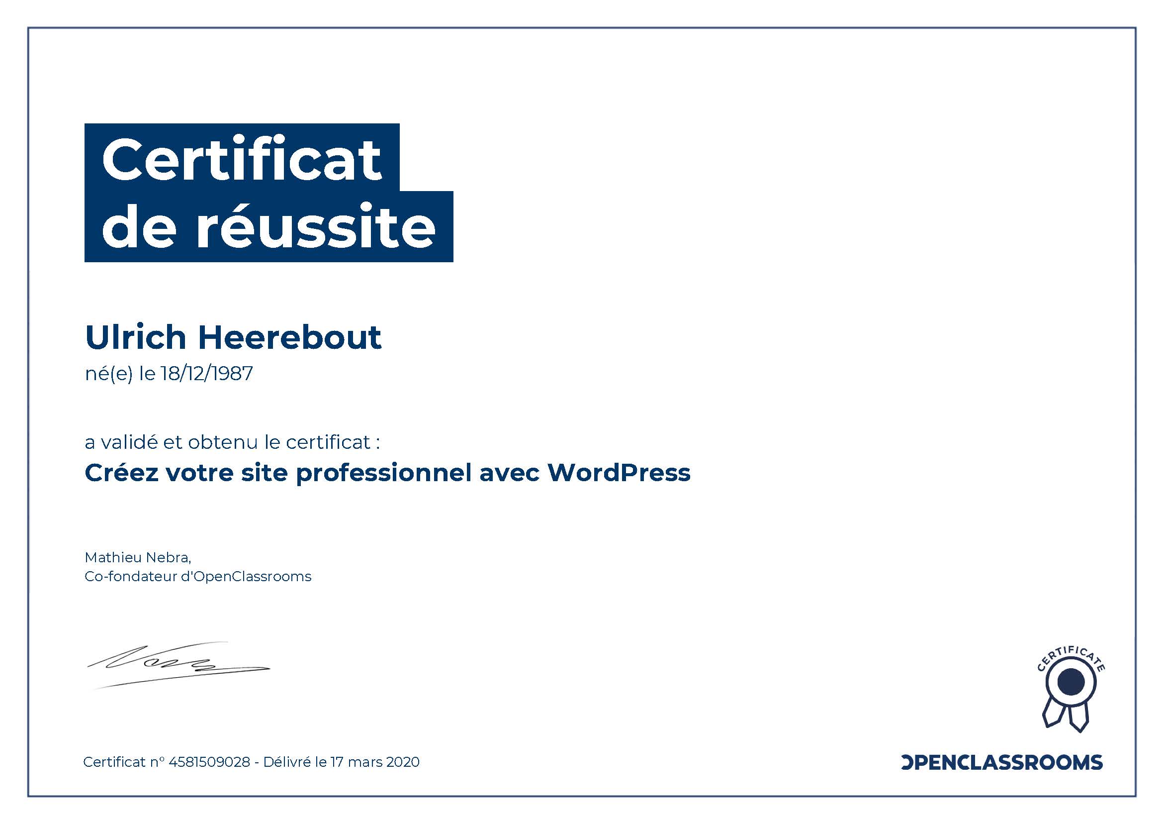 Certificats de réussite Créer votre site professionnel avec WordPress
