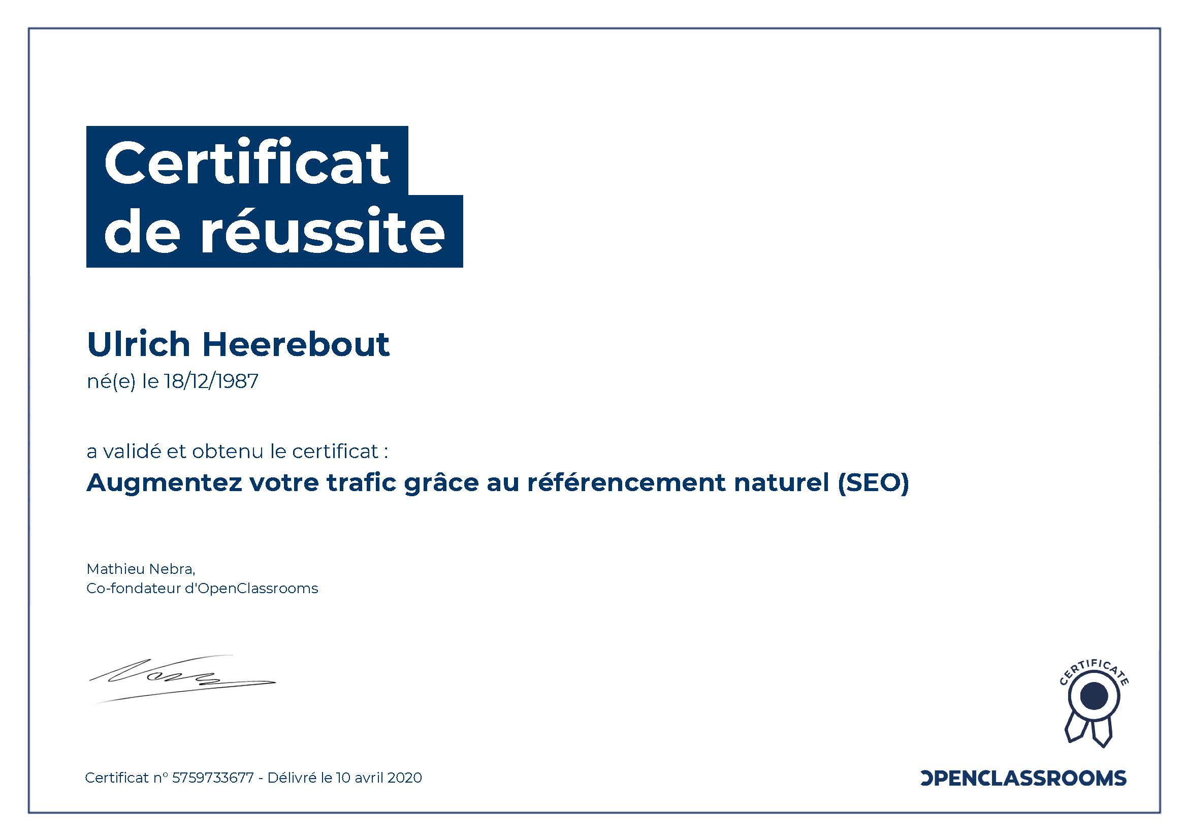Certificats de réussite Augmentez votre trafic grâce au référencement naturel SEO