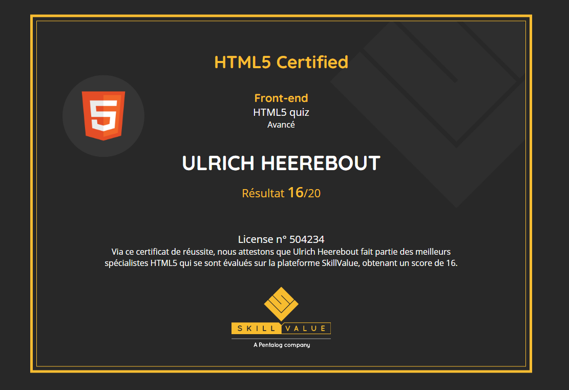 Certificat de participation Front-end HTML5