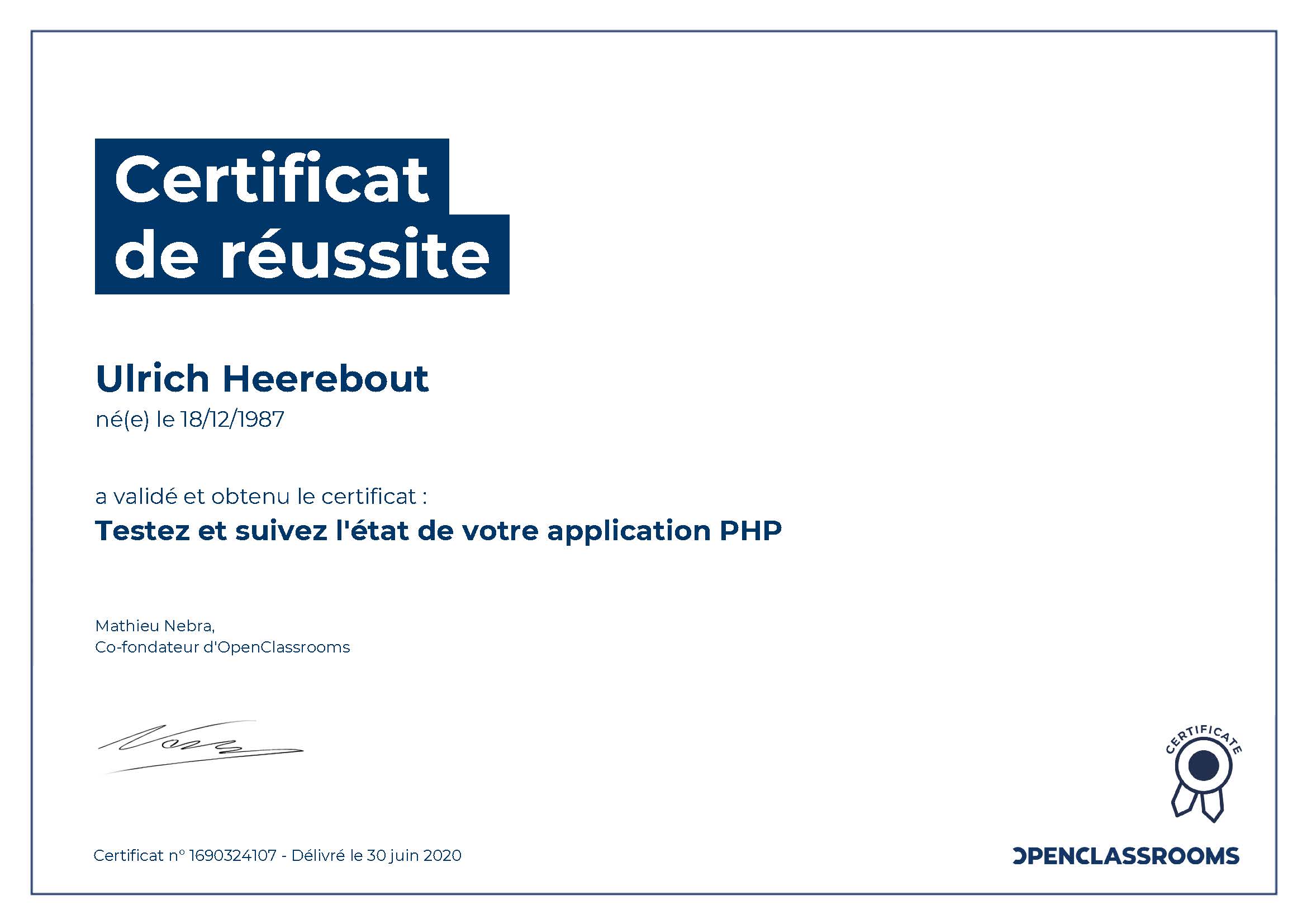 Heerebout Ulrich - Certificat de réussite : Testez et suivez l'état de votre application PHP